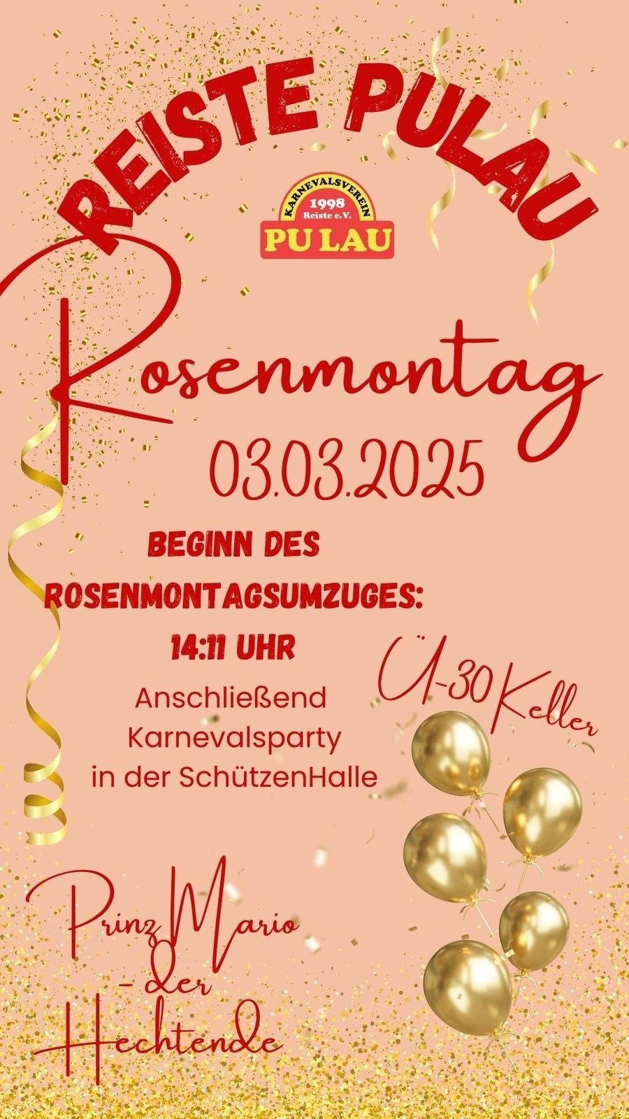 Aushang zum Rosenmontag 2025 mit Zugbeginn und Karnevalsparty